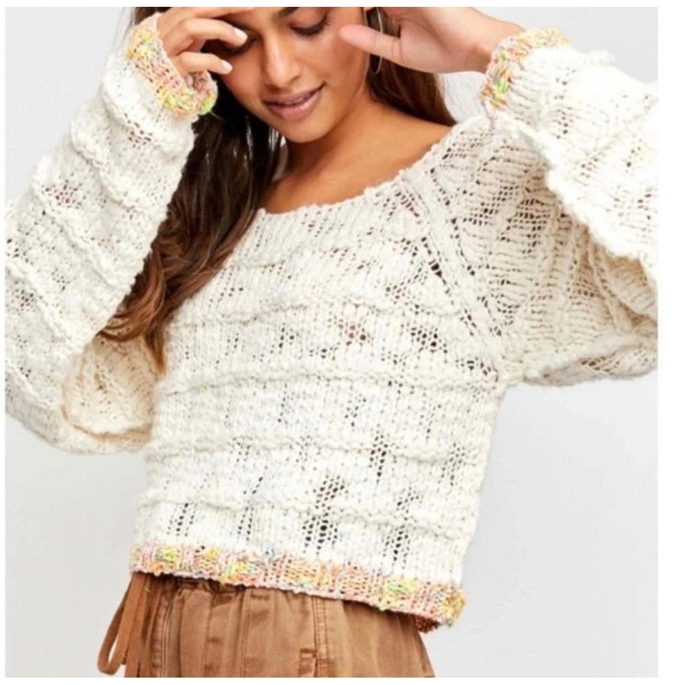 Free People West Palm Pullover Ivory Open Chunky Knit Sweater Rainbow Trim XS